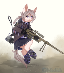 Size: 2623x3000 | Tagged: safe, artist:mediasmile666, derpibooru import, oc, oc only, earth pony, pony, cheytac m300 intervention, earth pony oc, eye clipping through hair, female, frown, girl's frontline, gun, high res, looking at you, mare, solo, weapon