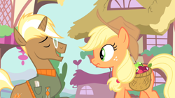 Size: 1920x1080 | Tagged: safe, derpibooru import, screencap, applejack, trenderhoof, earth pony, pony, season 4, simple ways, female, male, mare, ponyville, stallion