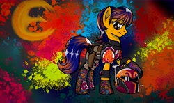 Size: 13197x7810 | Tagged: safe, artist:brekrofmadness, artist:radiancebreaker, derpibooru import, earth pony, pony, absurd resolution, armor, boots, breeches, clothes, female, feminism, gloves, mandalorian armour, mare, ponified, sabine wren, shirt, shoes, solo, star wars rebels, war hero