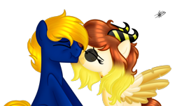 Size: 1298x787 | Tagged: safe, artist:princessmoonsilver, derpibooru import, oc, oc:perfect drop, oc:vainille clashier, earth pony, pegasus, pony, female, horns, kissing, male, mare, simple background, stallion, transparent background, two toned wings, wings