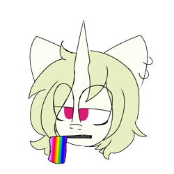 Size: 1000x1000 | Tagged: safe, artist:leola-kittycorn, derpibooru import, oc, oc:sardonic ardor, unicorn, bust, ear piercing, gay pride flag, horn, implied lesbian, mouth hold, piercing, ponysona, portrait, pride, pride flag, pride month, short mane, simple background, solo, tired, transparent background, unicorn oc