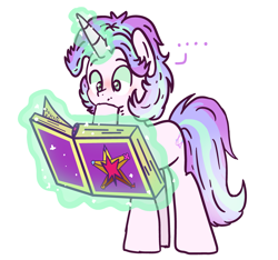 Size: 3717x3480 | Tagged: safe, artist:maiii-san, derpibooru import, oc, oc only, pony, unicorn, ..., book, glowing horn, horn, magic, reading, simple background, solo, telekinesis, thinking, white background