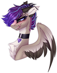 Size: 1988x2525 | Tagged: safe, artist:ouijaa, derpibooru import, oc, oc only, oc:ouija, chest fluff, collar, fangs, horns, licking, licking lips, piercing, tongue, tongue out, tongue piercing, wings