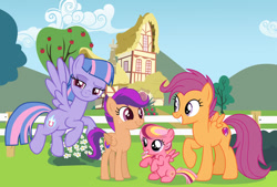 Size: 1024x694 | Tagged: safe, artist:lillyleaf101, derpibooru import, scootaloo, wind sprint, oc, oc:dare devil, oc:sunny skies, pony, growing up is hard to do, magical lesbian spawn, offspring, older, older scootaloo, parent:scootaloo, parent:wind sprint