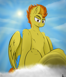 Size: 1755x2048 | Tagged: safe, artist:rapid9, derpibooru import, spitfire, pegasus, pony, cloud, shining, sky, wings