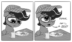 Size: 2000x1161 | Tagged: safe, artist:chopsticks, derpibooru import, oc, oc:chopsticks, pegasus, pony, comic:wtb is this?, cheek fluff, chest fluff, chopsticks, comic, dialogue, food, hat, implied pinkamena, male, monochrome, rice, simp, sitting, solo, text