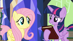 Size: 1920x1080 | Tagged: safe, derpibooru import, screencap, fluttershy, twilight sparkle, twilight sparkle (alicorn), alicorn, pegasus, pony, season 5, the hooffields and mccolts, book, duo, duo female, female, mare