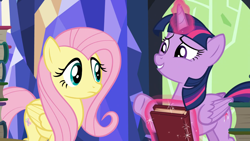 Size: 1920x1080 | Tagged: safe, derpibooru import, screencap, fluttershy, twilight sparkle, twilight sparkle (alicorn), alicorn, pegasus, pony, season 5, the hooffields and mccolts, book, duo, duo female, female, magic, mare, telekinesis