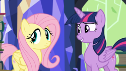 Size: 1920x1080 | Tagged: safe, derpibooru import, screencap, fluttershy, twilight sparkle, twilight sparkle (alicorn), alicorn, pegasus, pony, season 5, the hooffields and mccolts, book, duo, duo female, female, mare