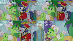 Size: 1280x720 | Tagged: safe, derpibooru import, edit, edited screencap, editor:quoterific, screencap, auntie applesauce, welcome inn, earth pony, pony, grannies gone wild, season 8, spoiler:s08, bits, female, golden horseshoes, male, mare, open mouth, stallion