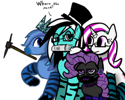 Size: 966x772 | Tagged: safe, artist:pawker, derpibooru import, oc, oc:medroit, oc:purapoint, oc:simon pegasus, oc:solair, earth pony, pegasus, unicorn, cute, earth pony oc, energy drink, face mask, glasses, hat, mask, monster drink, pegasus oc, pickaxe, swamp cinema