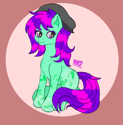 Size: 2450x2479 | Tagged: safe, artist:umbrapone, derpibooru import, oc, oc:velvetsprinkle, earth pony, coat markings, dappled, ethanepsc4, green coat, hat, looking at you, purple mane, requested art, simple background, sitting, striped mane