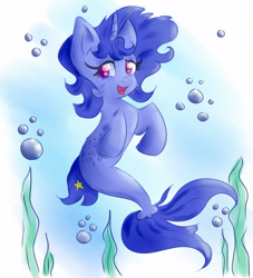 Size: 1280x1409 | Tagged: safe, artist:nedemai, derpibooru import, oc, oc only, pony, seapony (g4), unicorn, blue mane, bubble, dorsal fin, fish tail, flowing mane, flowing tail, horn, looking at you, ocean, open mouth, open smile, purple eyes, seaponified, seaweed, smiling, solo, species swap, tail, underwater, water