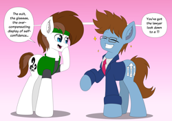 Size: 4000x2800 | Tagged: safe, artist:aarondrawsarts, derpibooru import, oc, oc:brain teaser, oc:davvid daggers, earth pony, ask brain teaser, clothes, clothes swap, dialogue, male, tumblr