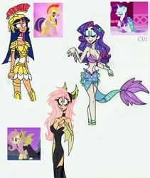 Size: 1747x2073 | Tagged: safe, artist:citi, derpibooru import, screencap, fluttershy, rarity, twilight sparkle, twilight sparkle (alicorn), alicorn, human, mermaid, scare master, armor, athena sparkle, breasts, cleavage, clothes, costume, fake ears, flutterbat costume, humanized, mermarity, nightmare night costume, scene interpretation, screencap reference, sleeveless