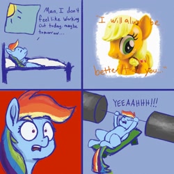 Size: 2000x2000 | Tagged: safe, artist:dummyhorse, derpibooru import, applejack, rainbow dash, earth pony, pegasus, pony, 4 panel comic, atg 2021, bed, comic, competition, competitive, dialogue, dumbbell (object), duo, exercise, eyebrows, eyebrows visible through hair, female, gasp, high res, lying down, mare, morning, motivation, newbie artist training grounds, on back, open mouth, shocked, thought bubble, waking up, wide eyes, window, yeah!!!!!!!!