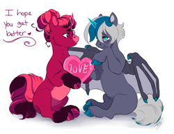 Size: 2200x1700 | Tagged: safe, artist:theartfox2468, derpibooru import, oc, oc only, oc:elizabat stormfeather, oc:venus red heart, alicorn, bat pony, bat pony alicorn, pony, unicorn, alicorn oc, bat pony oc, bat wings, chest fluff, cloven hooves, crying, curved horn, cute, duo, ear fluff, ears, fangs, female, glasses, heart, heart eyes, horn, leg fluff, mare, missing cutie mark, positive ponies, simple background, sitting, support, unshorn fetlocks, white background, wingding eyes, wings