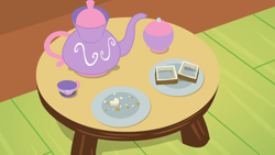 Size: 1280x720 | Tagged: safe, derpibooru import, screencap, discordant harmony, background, crust, cup, fluttershy's cottage (interior), food, liminal space, no pony, plate, sandwich, scenic ponyville, teacup, teapot