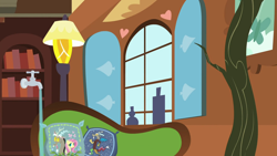 Size: 1280x720 | Tagged: safe, derpibooru import, screencap, discord, fluttershy, discordant harmony, background, faucet, fluttershy's cottage (interior), lamp, liminal space, no pony, pillow, scenic ponyville, surreal