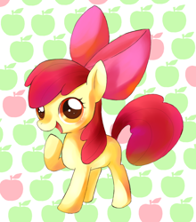 Size: 900x1024 | Tagged: safe, artist:ころにゃん, derpibooru import, apple bloom, pony, adorabloom, apple, blank flank, blushing, cute, female, filly, food, open mouth, pixiv, solo