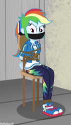 Size: 1088x1896 | Tagged: safe, artist:robukun, derpibooru import, rainbow dash, equestria girls, arm behind back, bondage, bound and gagged, cloth gag, dashsub, femsub, gag, rope, rope bondage, submissive, tied to chair, tied up