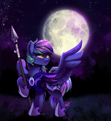 Size: 2500x2713 | Tagged: safe, alternate version, artist:breioom, derpibooru import, oc, oc only, oc:lishka, pegasus, pony, female, guard, guardsmare, mare, moon, night, night guard, royal guard, solo, spear, spread wings, weapon, wings