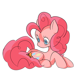 Size: 1280x1280 | Tagged: safe, artist:pearyboo, derpibooru import, pinkie pie, butterfly, earth pony, pony, colored sketch, female, head turned, looking at something, looking down, lying down, mare, prone, simple background, solo, transparent background