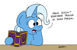 Size: 2136x1400 | Tagged: safe, artist:bobthedalek, derpibooru import, trixie, pony, unicorn, atg 2021, blatant lies, book, female, friendship journal, head on hoof, hypocritical humor, mare, newbie artist training grounds, talking in third person