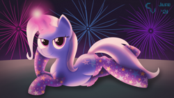 Size: 3840x2160 | Tagged: safe, artist:cosmikvek, derpibooru import, trixie, pony, unicorn, belly button, clothes, female, fireworks, looking at you, lying down, magic, mare, night, smiling, socks, solo