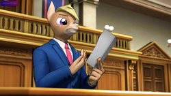 Size: 3840x2160 | Tagged: safe, alternate version, artist:antonsfms, derpibooru import, oc, oc only, oc:nickyequeen, anthro, donkey, 3d, ace attorney, alternate universe, anthro oc, badge, banner, clothes, commission, commissioner:nickyequeen, court, courtroom, crossover, desk, document, donkey oc, formal attire, formal wear, high res, holding, image set, male, paper, phoenix wright, pointing, smug, solo, source filmmaker, suit