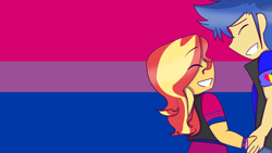 Size: 1280x720 | Tagged: safe, artist:eveart13, derpibooru import, flash sentry, sunset shimmer, equestria girls, bisexual, bisexual pride flag, female, flashimmer, male, pride, pride flag, shipping, straight