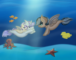Size: 1568x1240 | Tagged: safe, artist:kate1522, derpibooru import, oc, oc only, fish, octopus, pegasus, pony, seapony (g4), unicorn, contest entry, crepuscular rays, dorsal fin, fin wings, fish tail, flowing tail, horn, ocean, seaponified, species swap, starfish, sunlight, swimming, tail, underwater, water, wings