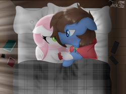 Size: 2000x1500 | Tagged: safe, artist:jadebreeze115, derpibooru import, oc, oc only, oc:bizarre song, oc:sugar morning, pegasus, pony, blanket, blushing, book, couple, cuddling, cuddling in bed, cute, female, holding hooves, looking at each other, male, mare, oc x oc, ocbetes, pegasus oc, phone, romantic, shipping, smiling, smiling at each other, stallion, straight, sugarre