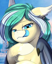 Size: 1424x1764 | Tagged: safe, artist:pridark, derpibooru import, oc, oc only, oc:icy breeze, bat pony, pony, bat pony oc, ear piercing, fangs, piercing, slitted eyes, solo, tongue, tongue out