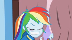 Size: 1920x1080 | Tagged: safe, derpibooru import, screencap, rainbow dash, better together, equestria girls, holidays unwrapped, bags under eyes, blizzard or bust, curtains, eyes closed, faic, female, grin, rainbow dash is best facemaker, sleep deprivation, smiling, solo