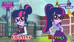 Size: 2289x1288 | Tagged: safe, derpibooru import, sci-twi, twilight sparkle, better together, equestria girls, forgotten friendship, friendship games, antagonist, clothes, crystal prep academy uniform, equestria girls logo, glasses, hero, school uniform, solo, villains of equestria, wallpaper