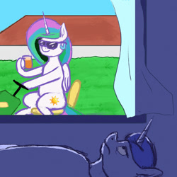 Size: 1280x1280 | Tagged: safe, artist:dummyhorse, derpibooru import, princess celestia, princess luna, alicorn, pony, 30 year old boomer, alcohol, beer, blanket, boomer, lawn mower, meme, ponified, ponified meme, sunglasses, window