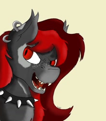 Size: 905x1031 | Tagged: safe, artist:kage, derpibooru import, oc, oc only, bat pony, bust, collar, fangs, piercing, portrait, simple background, spiked collar