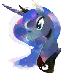 Size: 561x670 | Tagged: safe, artist:breakersunny, derpibooru import, princess luna, alicorn, pony, bust, female, jewelry, mare, peytral, portrait, simple background, smiling, solo, tiara, white background