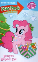 Size: 1237x2029 | Tagged: safe, derpibooru import, pinkie pie, earth pony, pony, christmas, christmas tree, coloring book, hearth's warming eve, hearth's warming eve coloring book, holiday, holly, official, ornament, play pack, snow, snowflake, solo, tree