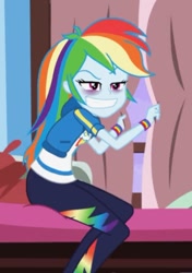 Size: 509x721 | Tagged: safe, derpibooru import, screencap, rainbow dash, equestria girls, equestria girls series, holidays unwrapped, spoiler:eqg series (season 2), athletic legs, bags under eyes, blizzard or bust, clothes, cropped, curvy, faic, female, grin, hoodie, legs, rainbow dash is best facemaker, sleep deprivation, smiling, the ass was flat, thicc ass, thick, thighs