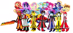 Size: 1963x898 | Tagged: safe, artist:robertsonskywa1, artist:sapphiregamgee, derpibooru import, applejack, fluttershy, pinkie pie, rainbow dash, rarity, sci-twi, sunset shimmer, twilight sparkle, bee, human, equestria girls, arm cannon, axe, bumblebee (transformers), clothes, disc, eqg promo pose set, equestria girls-ified, humane five, humane seven, humane six, ironhide, jazz (transformers), prime (transformers), propeller blade, rodimus prime, sideswipe, stinger, sunstreaker, super ponied up, sword, transformers, weapon, wheeljack