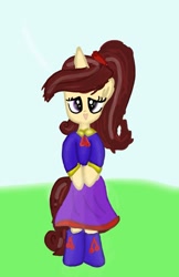 Size: 665x1024 | Tagged: safe, artist:rainyponyindo, derpibooru import, oc, oc:harmony star, semi-anthro, unicorn, brown hair, clothes, cute, female, grass, horn, jewelry, looking at you, mare, necklace, ocbetes, open mouth, ponytail, shoes, shy, skirt, sky, smiling, smiling at you, unicorn oc