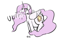 Size: 1005x713 | Tagged: safe, artist:voraciouscutie, derpibooru import, princess celestia, alicorn, pony, belly, big belly, burp, chubby, chubbylestia, fat, female, mare, open mouth, pink-mane celestia, solo