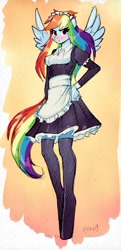 Size: 343x707 | Tagged: safe, artist:xjenn9, derpibooru import, rainbow dash, anthro, pegasus, unguligrade anthro, clothes, colored sketch, maid, rainbow maid, sketch, socks, solo, thigh highs