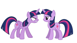 Size: 1080x607 | Tagged: safe, derpibooru import, twilight sparkle, twilight sparkle (alicorn), unicorn twilight, alicorn, pony, unicorn, magic duel, once upon a zeppelin, alicorn drama, angry, drama, duality, female, frown, gritted teeth, looking at each other, mare, rage, ragelight sparkle, self ponidox, simple background, solo, transparent background, twolight