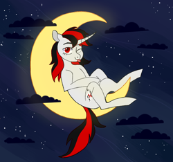Size: 1200x1125 | Tagged: safe, artist:bullet, derpibooru import, oc, oc only, oc:blackjack, pony, unicorn, fallout equestria, fallout equestria: project horizons, :p, cloud, commission, crescent moon, cute, female, horn, looking at you, mare, moon, night, one eye closed, solo, stars, tongue, tongue out, unicorn oc, wink, winking at you, ych result