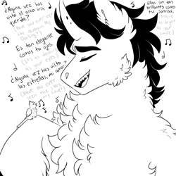 Size: 3000x3000 | Tagged: safe, artist:gingygin, derpibooru import, king sombra, bird, pony, unicorn, black and white, cheek fluff, chest fluff, ear fluff, ears, eyes closed, fluffy, grayscale, male, monochrome, music notes, singing, solo, spanish, stallion