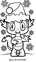 Size: 1001x1718 | Tagged: safe, derpibooru import, part of a set, spike, dragon, christmas, coloring book, hat, hearth's warming eve coloring book, holiday, indexed png, looking at you, male, monochrome, official, santa hat, scan, simple background, snow, snowflake, solo, waving, waving at you, white background