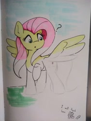 Size: 3072x4096 | Tagged: safe, artist:taurson, derpibooru import, fluttershy, pegasus, pony, atg 2021, confused, drawn into existence, female, mare, meta, newbie artist training grounds, partial color, question mark, solo, traditional art, wip